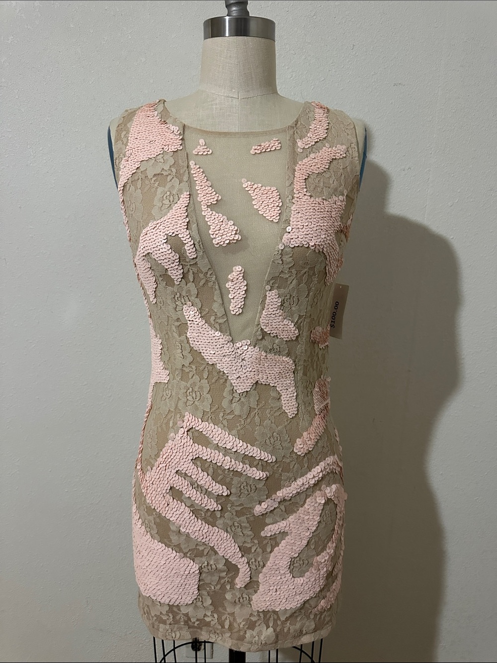 Blush Pink Lace Mini Dress with Sequin Appliqué